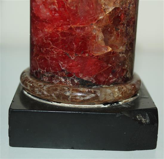 A pair of Regency bronze and red fluorospar / Blue John mounted candlesticks, 6.25in.